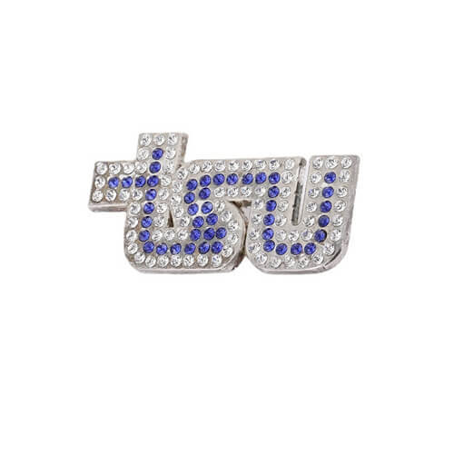 custom small white and blue rhinestone word brooch suppliers wholesale personalized vintage diamond logo brooches pins manufacturers websites